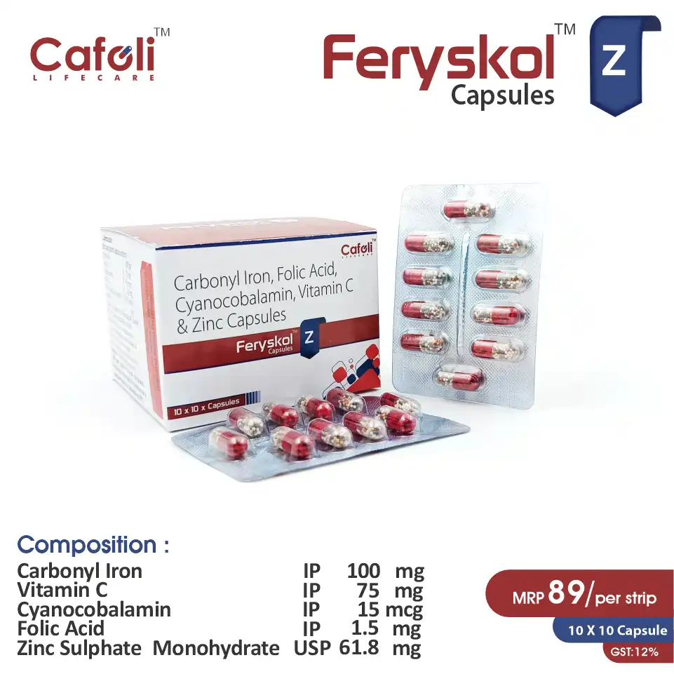 Iron, Folic Acid, Zinc, Vitamin C & Cyanocobalamin Supplement Capsule at the best price in PCD Pharma Franchise for pain relief.